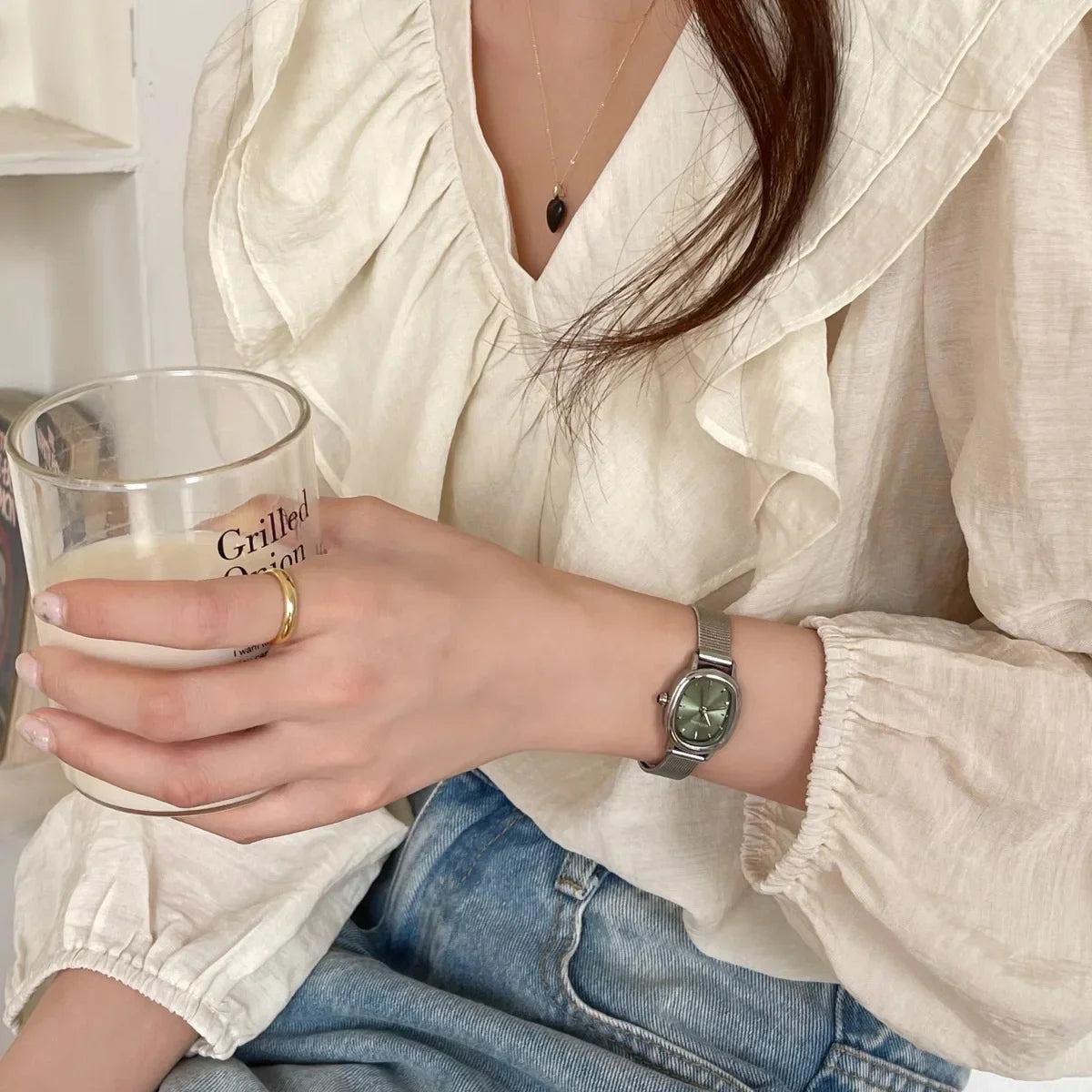 Women's Oval Quartz Watch, Green Dial, Stainless Steel