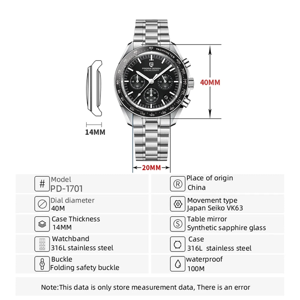 PAGANI DESIGN Moon Men's Chronograph Quartz Watch, Sapphire Glass