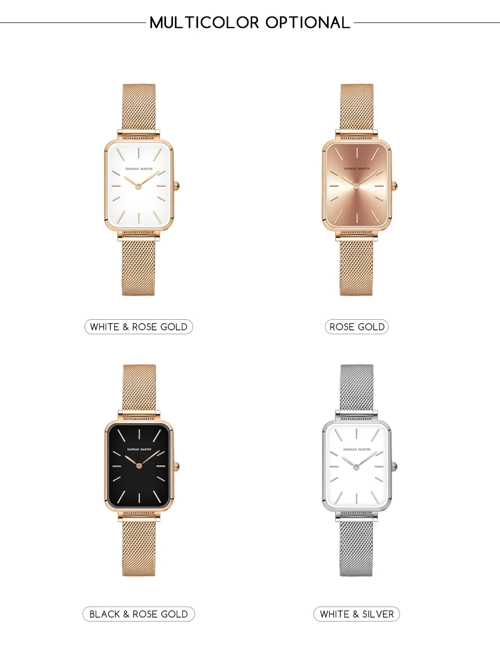 Hannah Martin Women's 34 mm Square Quartz Watch, Stainless Steel Mesh Strap