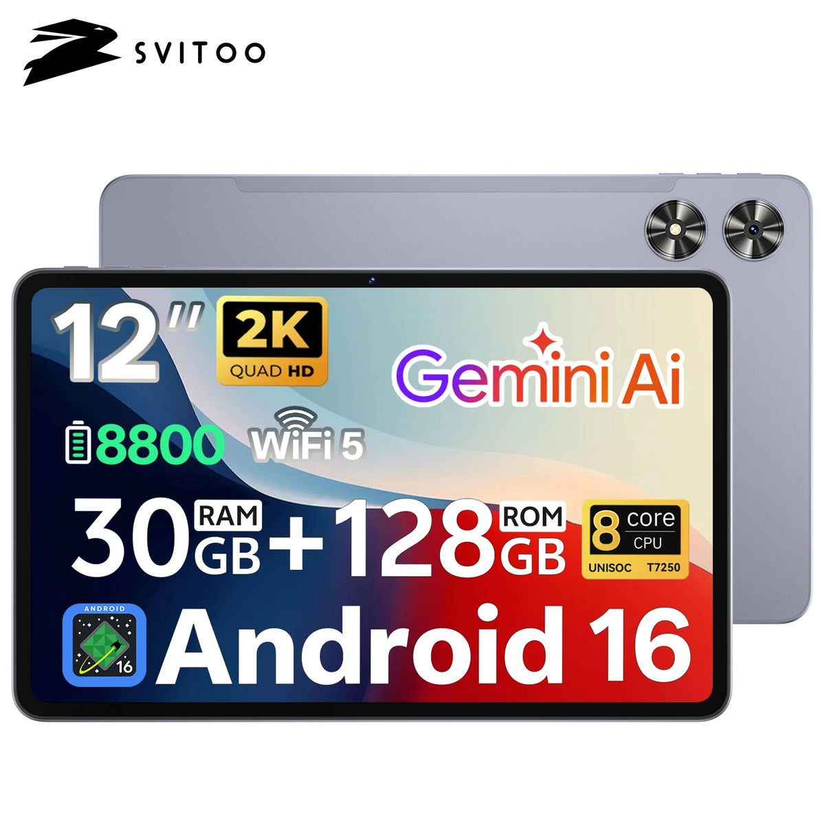 SVITOO 12" Android 16 Tablet, Unisoc T7250, 6GB RAM, 128GB, 8800mAh