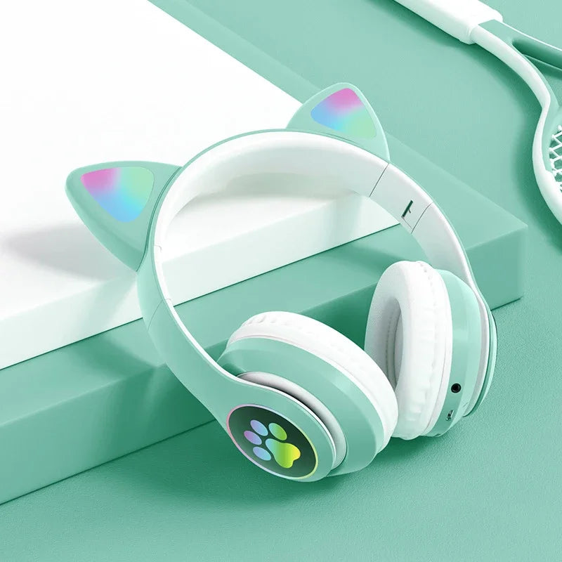 Kids' Cat Ear Bluetooth Headphones with Microphone and LED Lights
