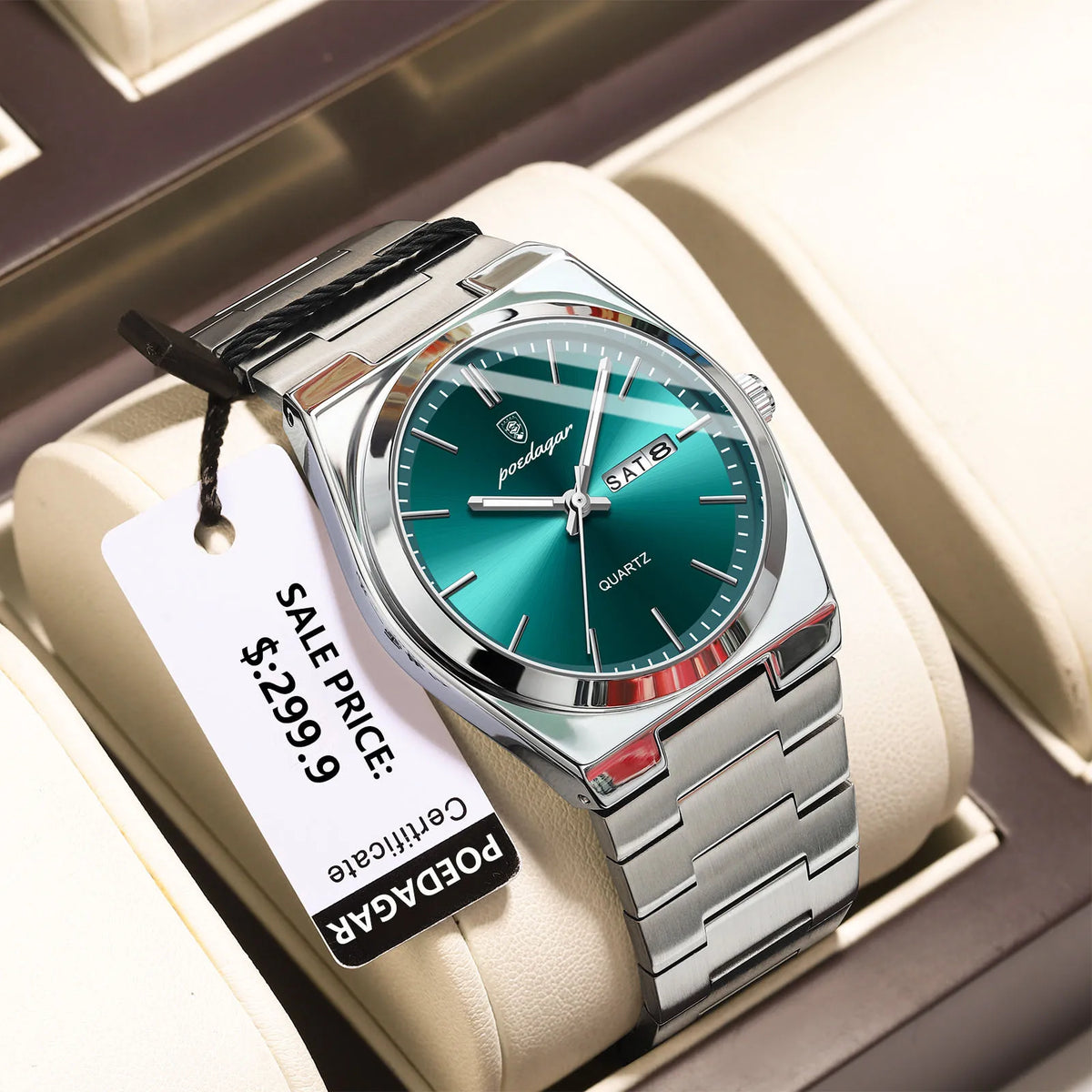 POEDAGAR Men's Quartz Watch, Stainless Steel, Date and Day Display