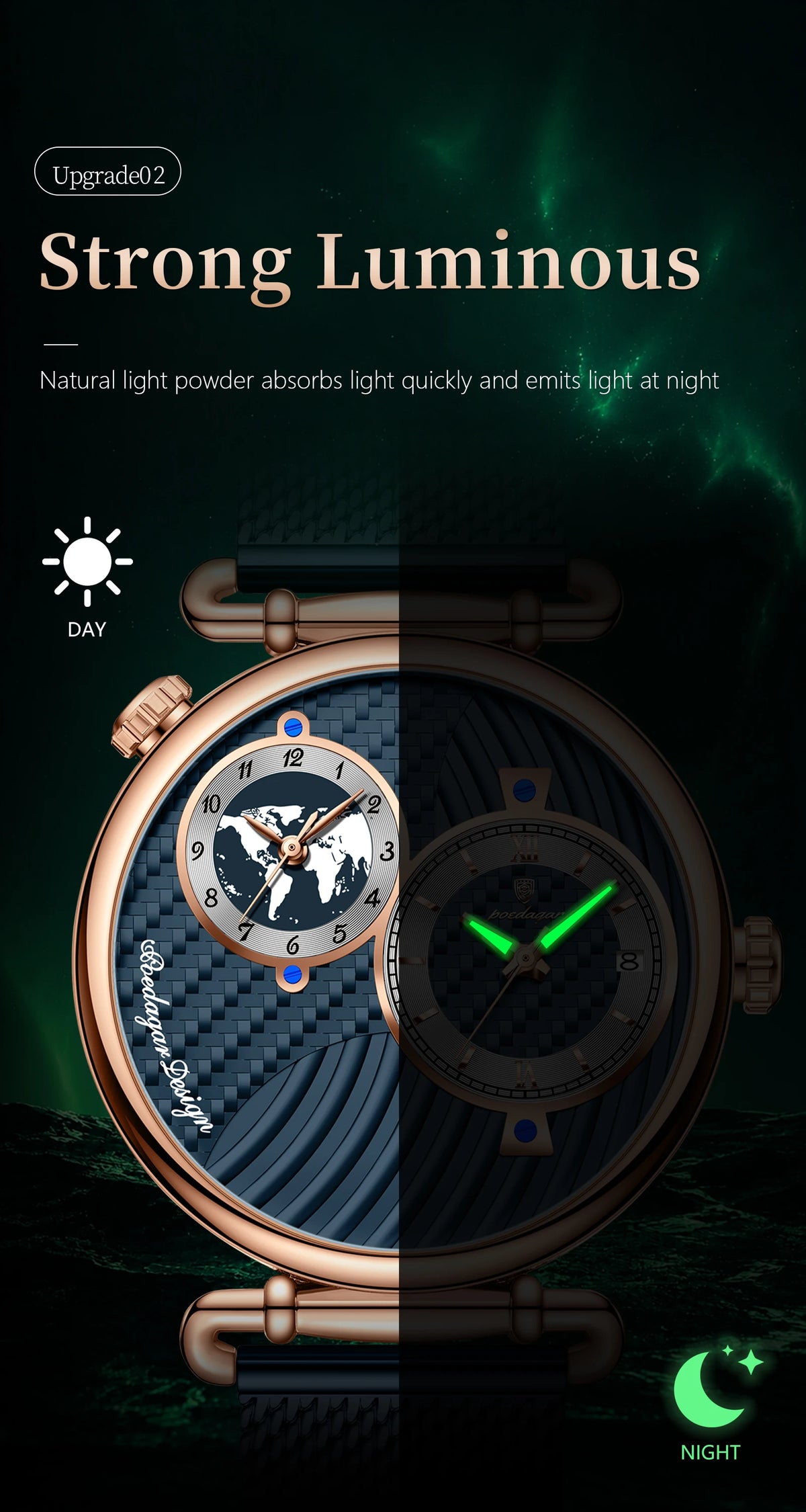 POEDAGAR Men's Quartz Watch, Multiple Time Zones, Steel Mesh Strap