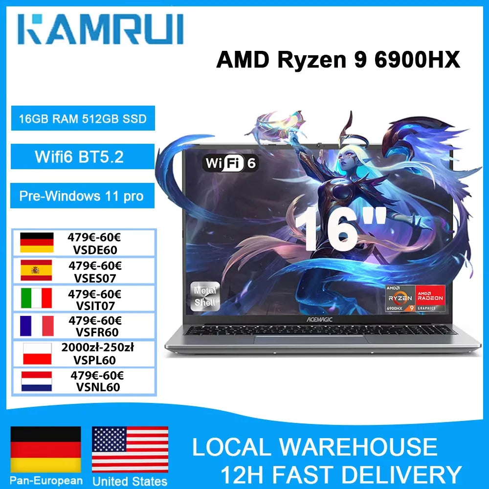 KAMRUI 16" Gaming Laptop, AMD Ryzen 9 6900HX, 16GB RAM, 512GB SSD