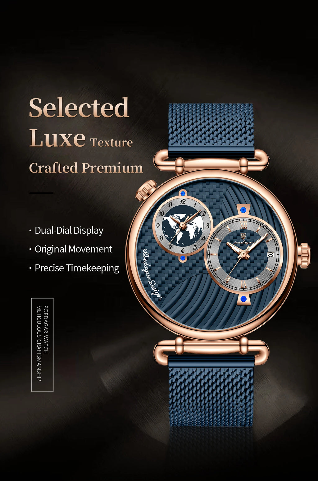 POEDAGAR Men's Quartz Watch, Multiple Time Zones, Steel Mesh Strap