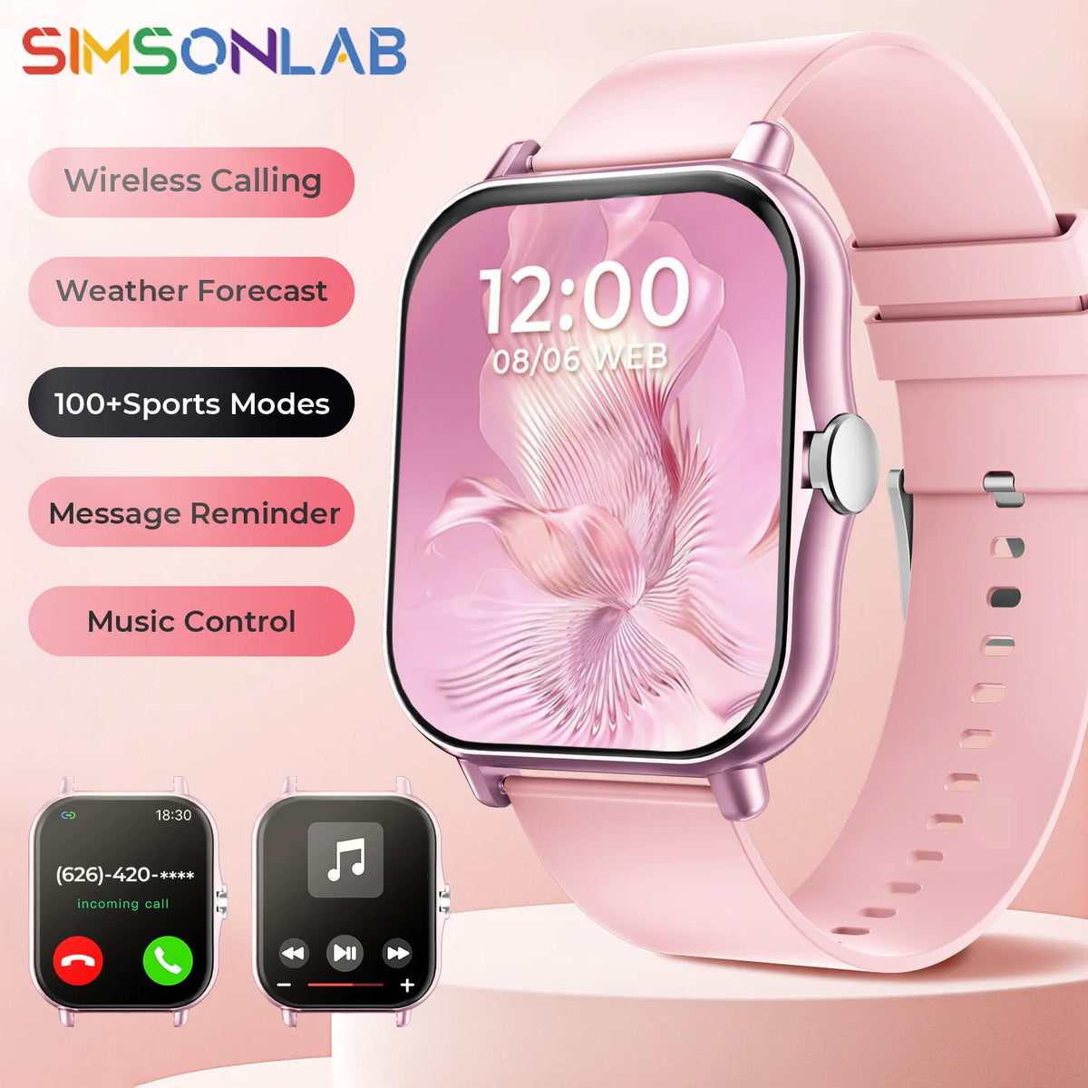 SIMSONLAB smartwatch with 1.83 inch touchscreen and Bluetooth calling, front view