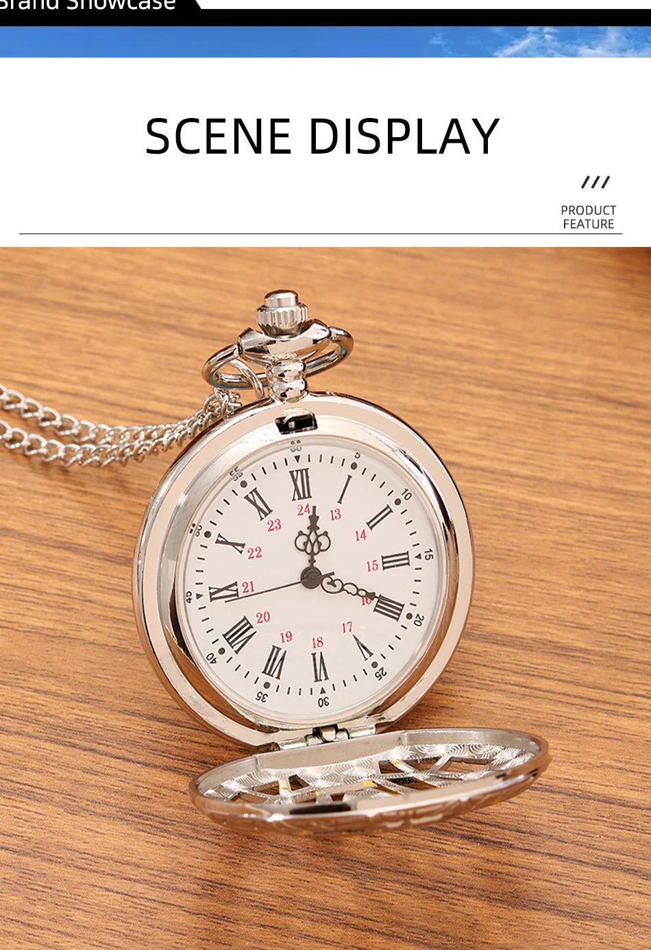Vintage Carved Roman Numeral Flip Pocket Watch with Chain