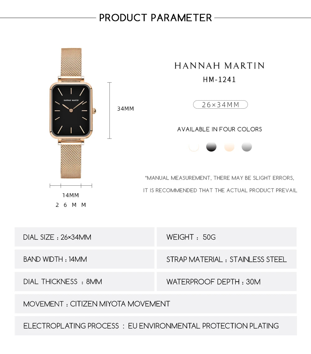 Hannah Martin Women's 34 mm Square Quartz Watch, Stainless Steel Mesh Strap