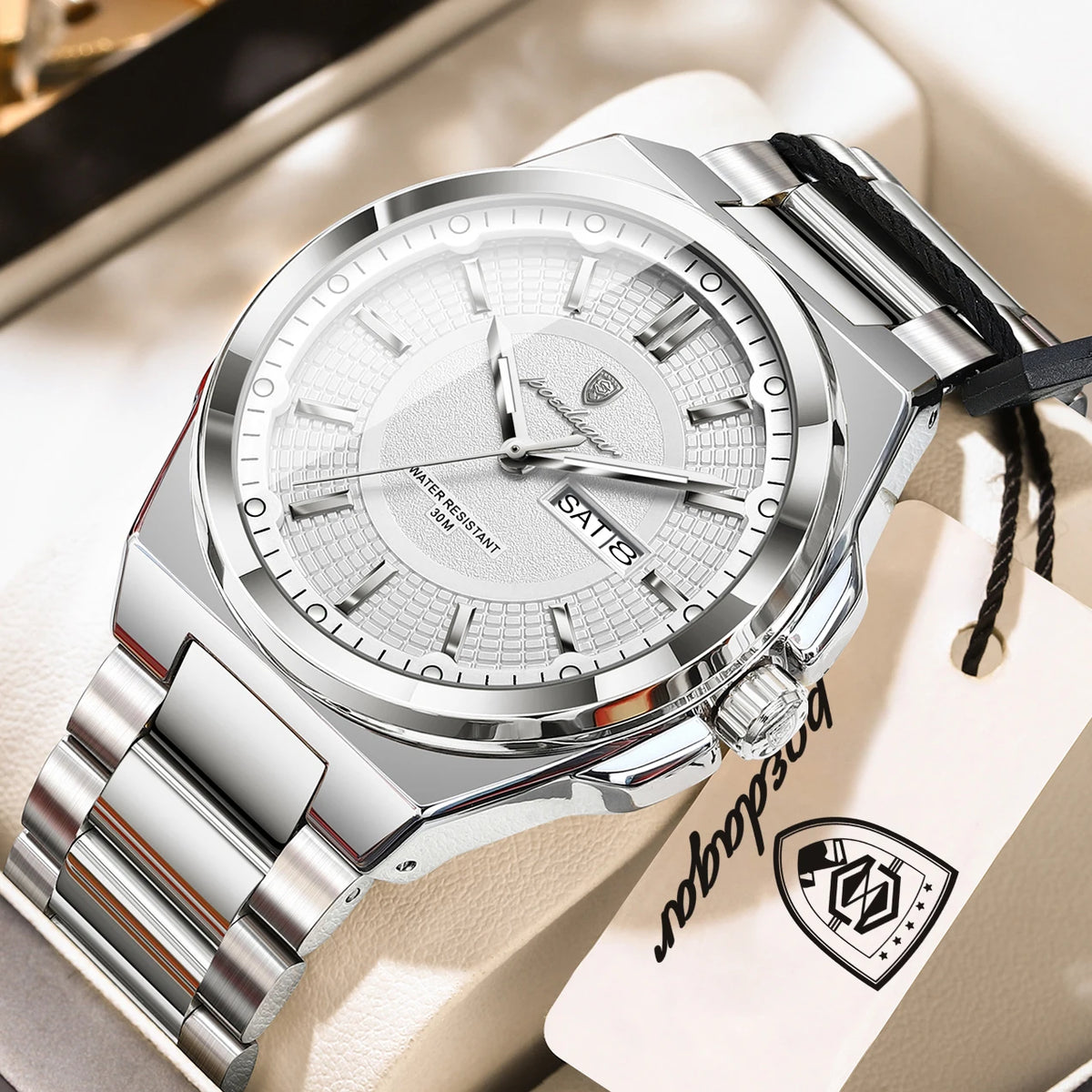 POEDAGAR Men's Business Quartz Watch, Stainless Steel, Date and Day