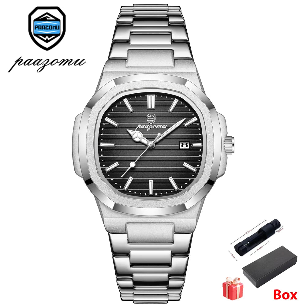 PAAZOMU Men's Square Quartz Watch, Stainless Steel, Luminous, Date