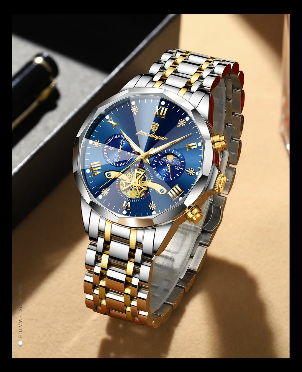 POEDAGAR Men's Chronograph Quartz Watch, Stainless Steel, Water Resistant