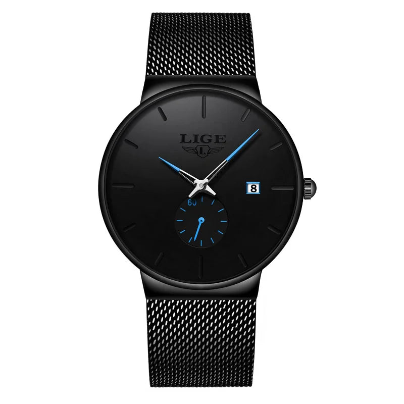 LIGE Men's Quartz Watch, Stainless Steel Mesh, Water Resistant