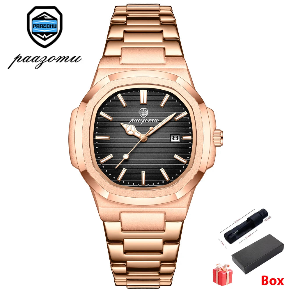 PAAZOMU Men's Square Quartz Watch, Stainless Steel, Luminous, Date