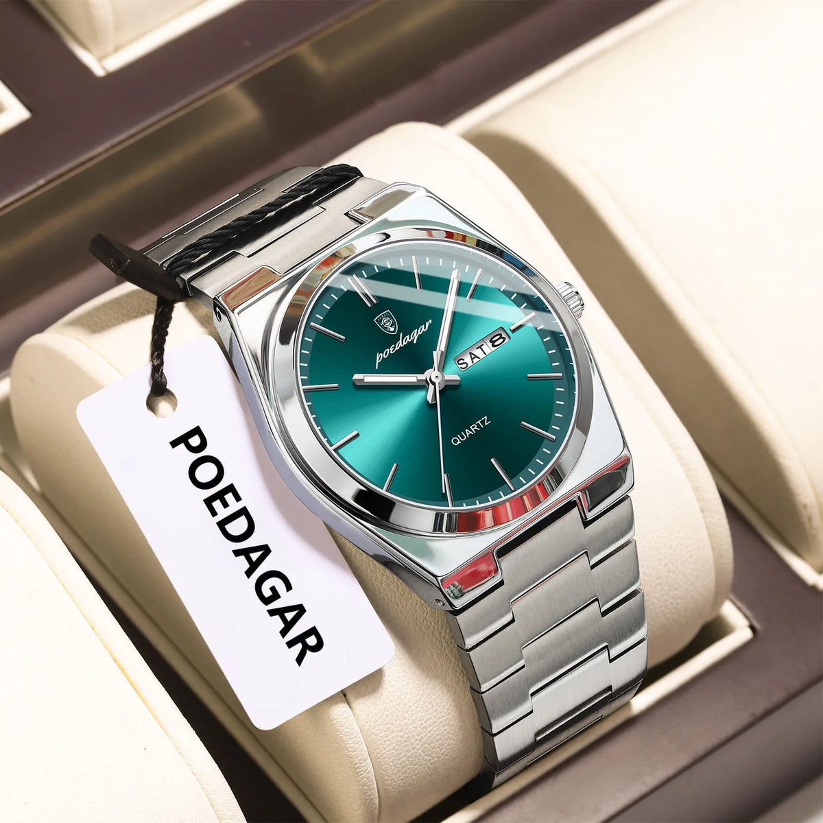 POEDAGAR Men's Quartz Watch, Stainless Steel, Date and Day, Luminous