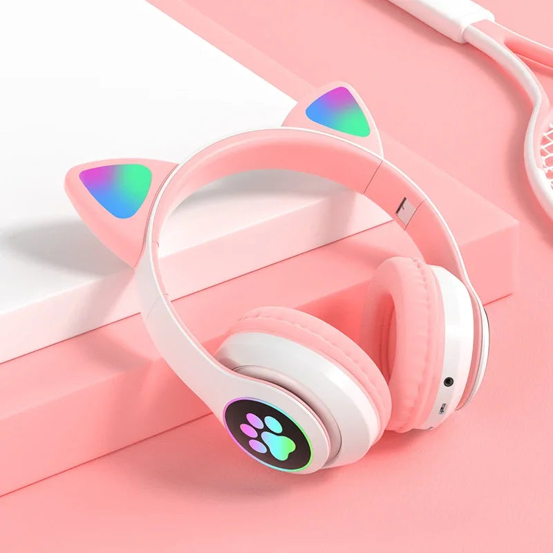 Kids' Cat Ear Bluetooth Headphones with Microphone and LED Lights