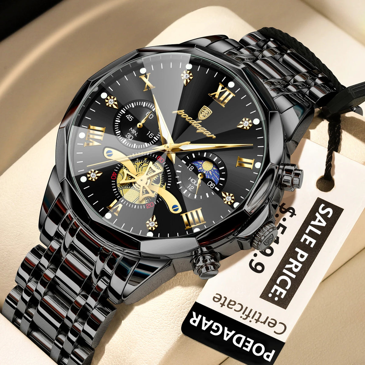 POEDAGAR Men's Chronograph Quartz Watch, Stainless Steel, Water Resistant