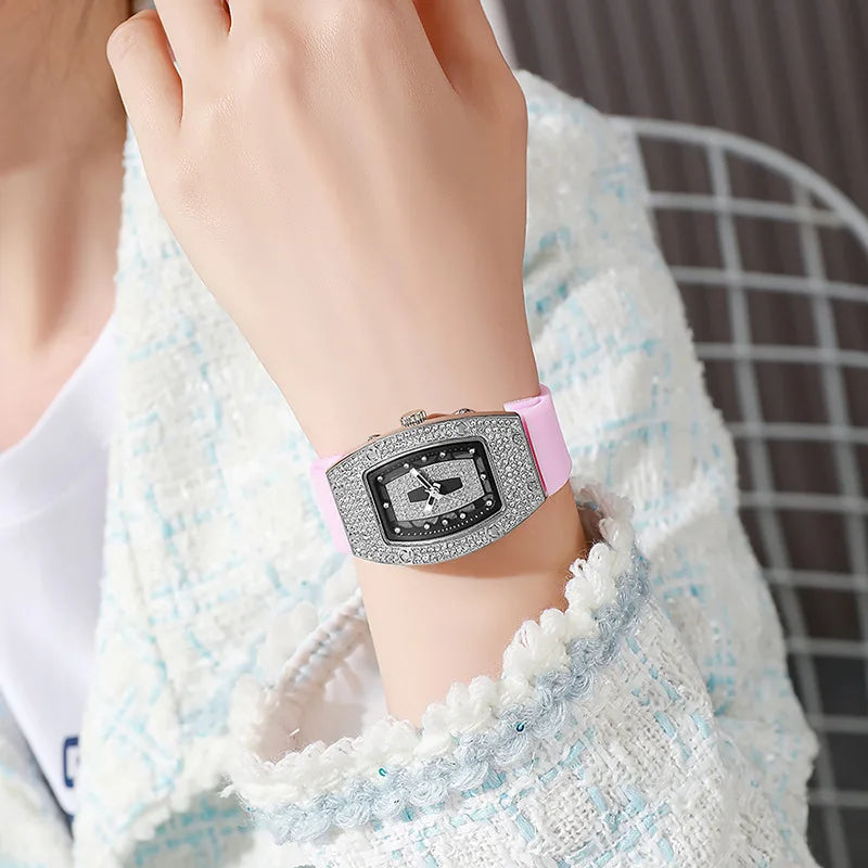Women's Crystal Tonneau Quartz Watch, Silicone Strap