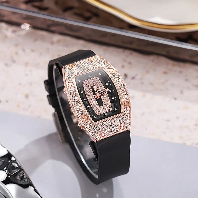 Women's Crystal Tonneau Quartz Watch, Silicone Strap