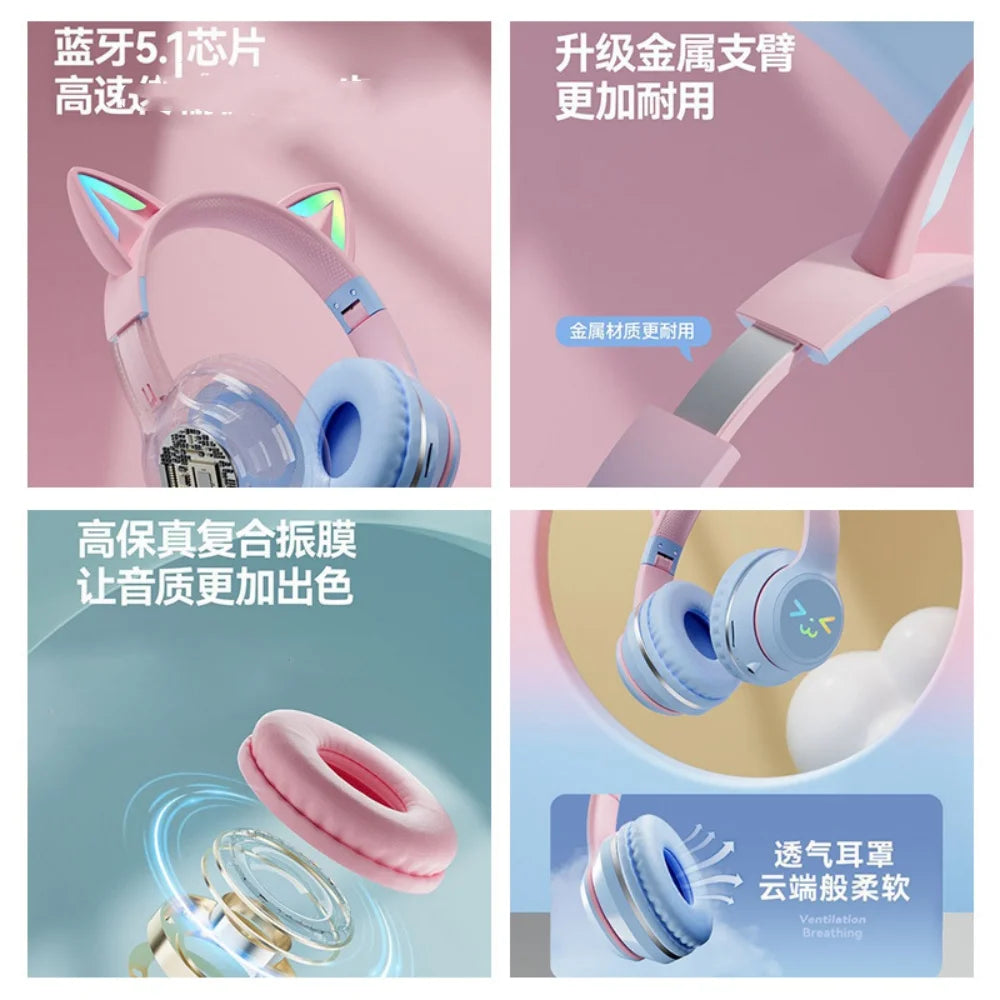 Cat Ear Bluetooth Headphones with RGB Lighting and Microphone