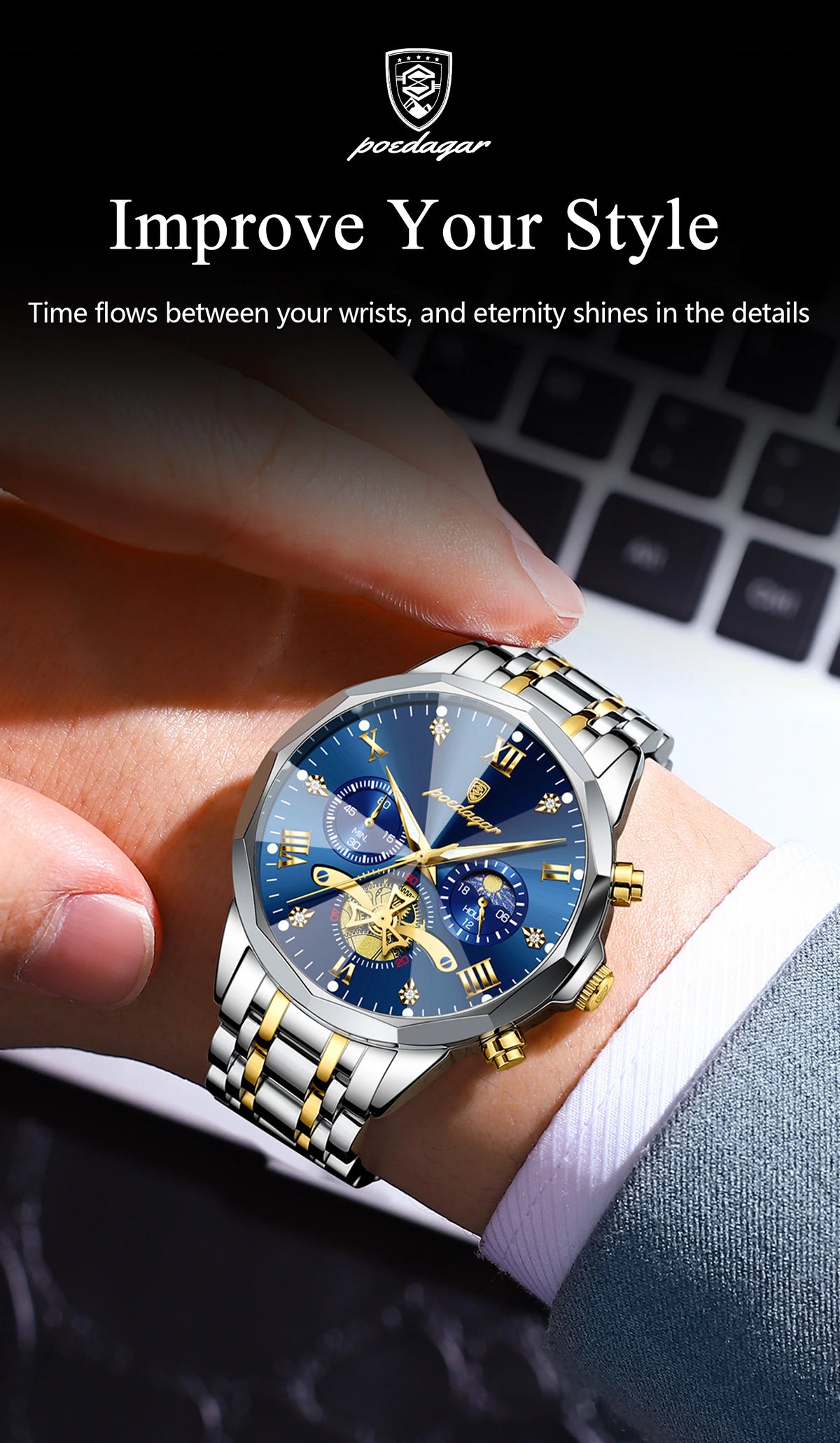 POEDAGAR Men's Chronograph Quartz Watch, Stainless Steel, Water Resistant