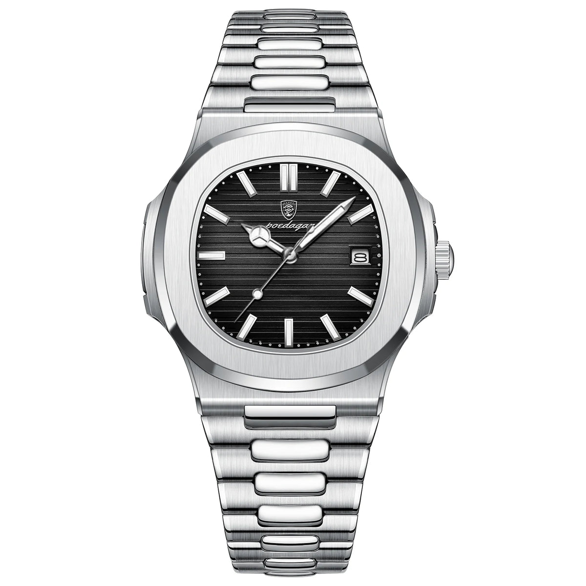 POEDAGAR Men's Square Quartz Watch, Stainless Steel, Luminous, Date