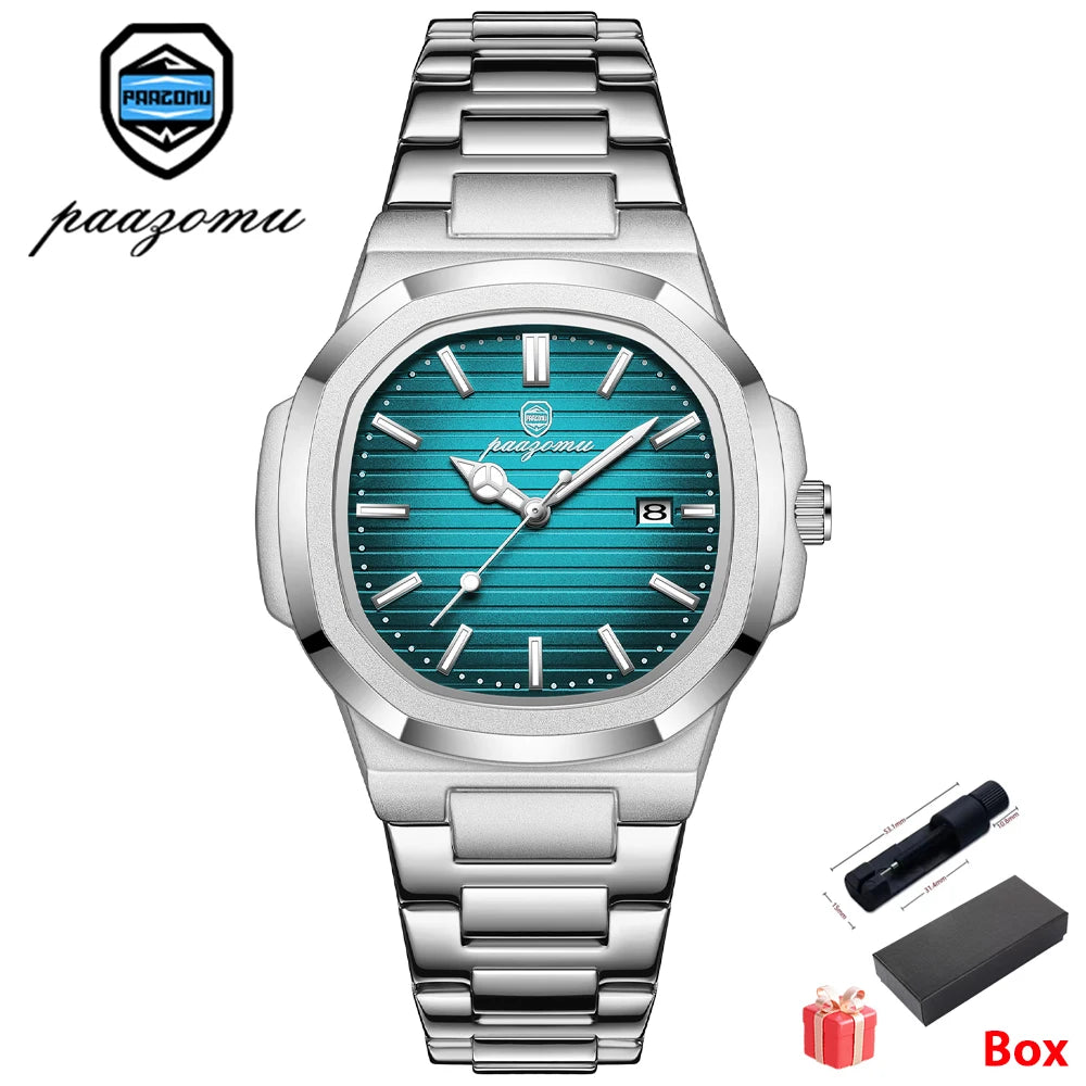PAAZOMU Men's Square Quartz Watch, Stainless Steel, Luminous, Date