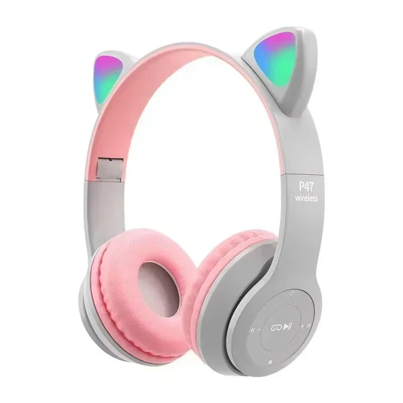 Kids' Cat Ear Bluetooth Headphones with Microphone and LED Lights
