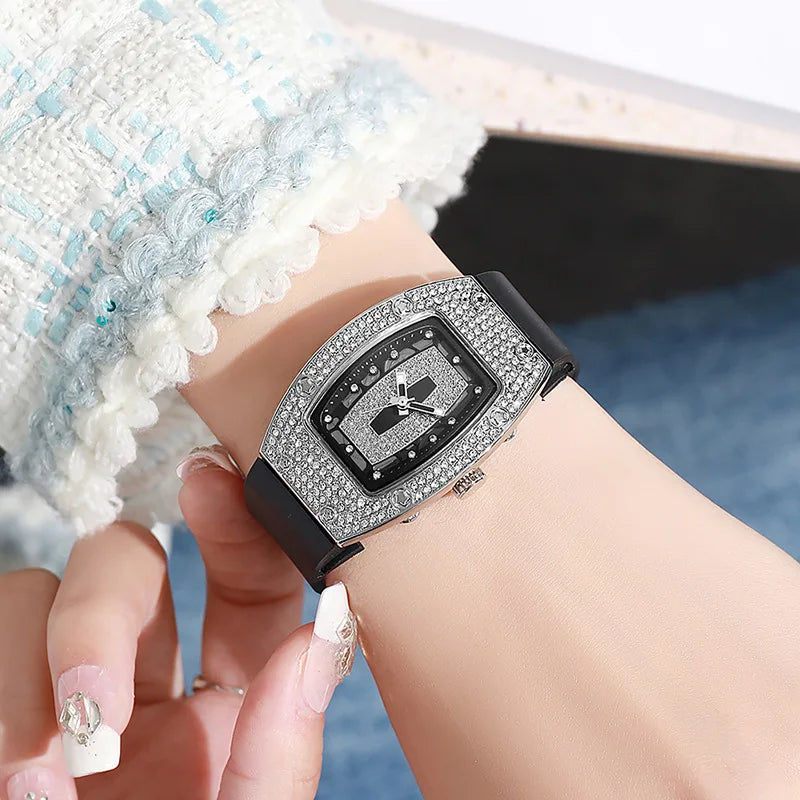 Women's Crystal Tonneau Quartz Watch, Silicone Strap