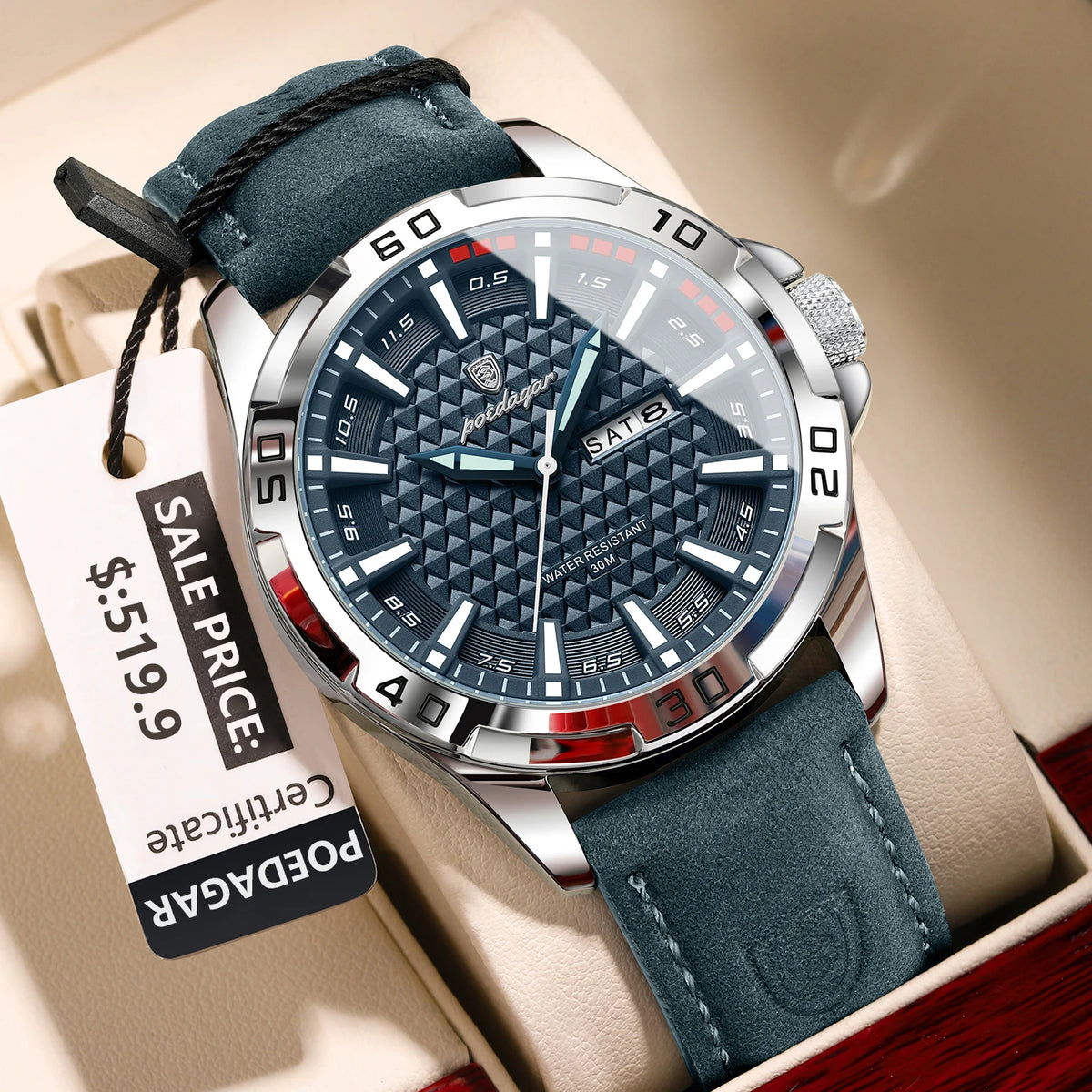 POEDAGAR Men's Quartz Watch, Leather Strap, Date and Day, Luminous