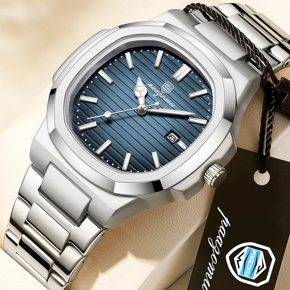PAAZOMU Men's Square Quartz Watch, Stainless Steel, Luminous, Date