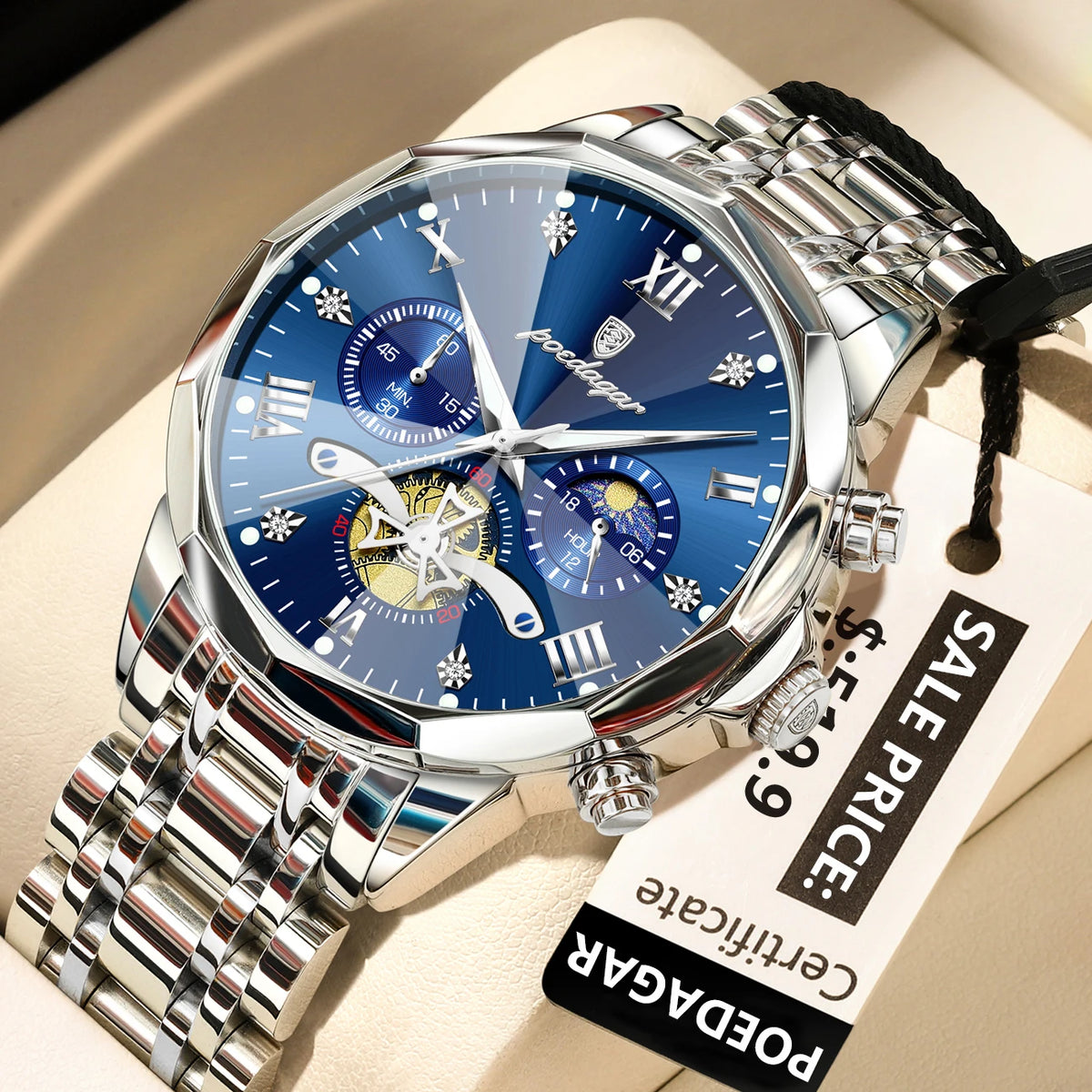 POEDAGAR Men's Chronograph Quartz Watch, Stainless Steel, Water Resistant