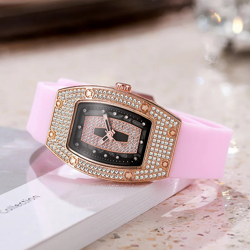 Women's Crystal Tonneau Quartz Watch, Silicone Strap