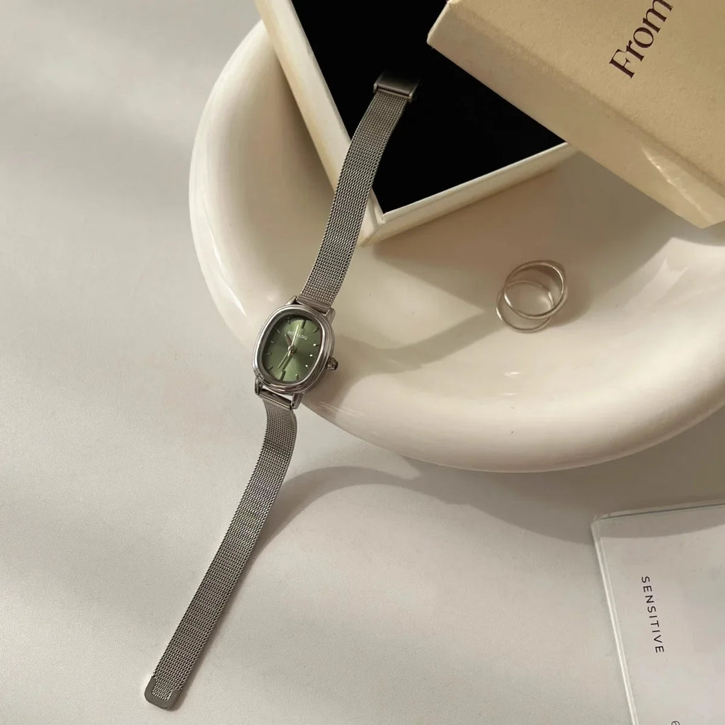 Women's Oval Quartz Watch, Green Dial, Stainless Steel
