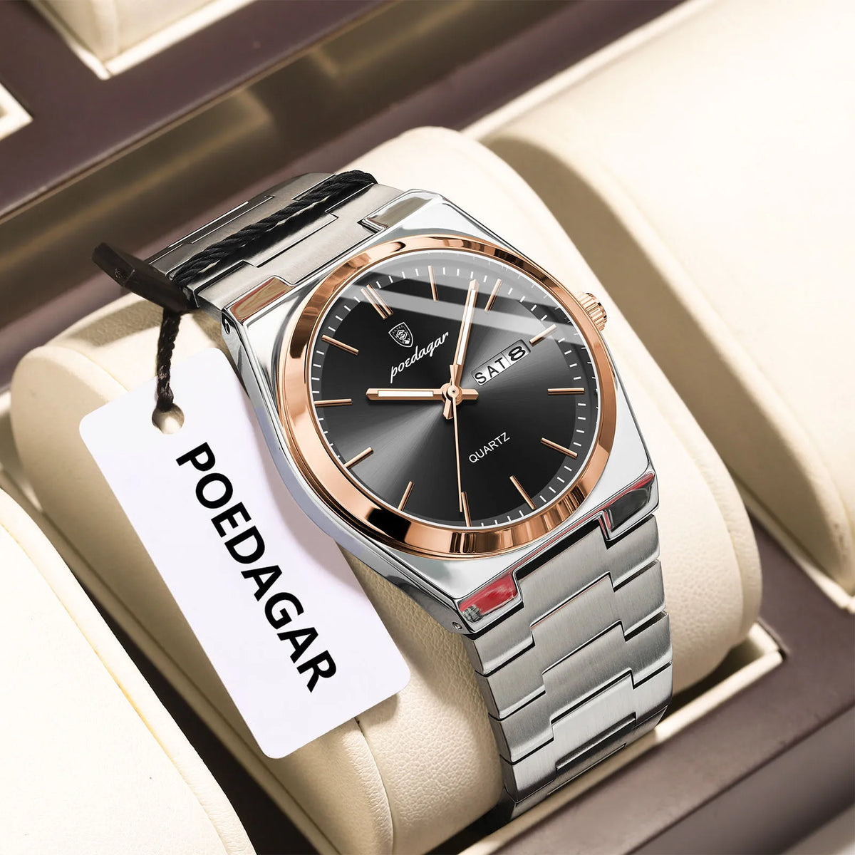 POEDAGAR Men's Quartz Watch, Stainless Steel, Date and Day, Luminous