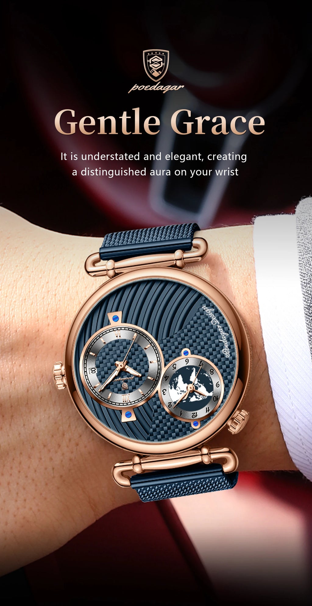 POEDAGAR Men's Quartz Watch, Multiple Time Zones, Steel Mesh Strap