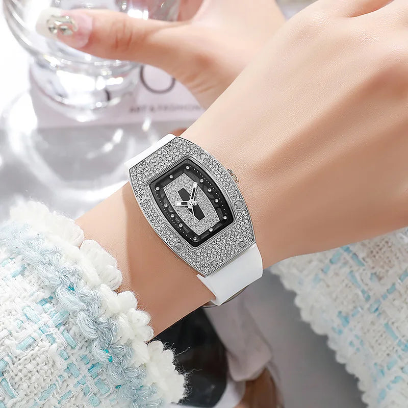 Women's Crystal Tonneau Quartz Watch, Silicone Strap
