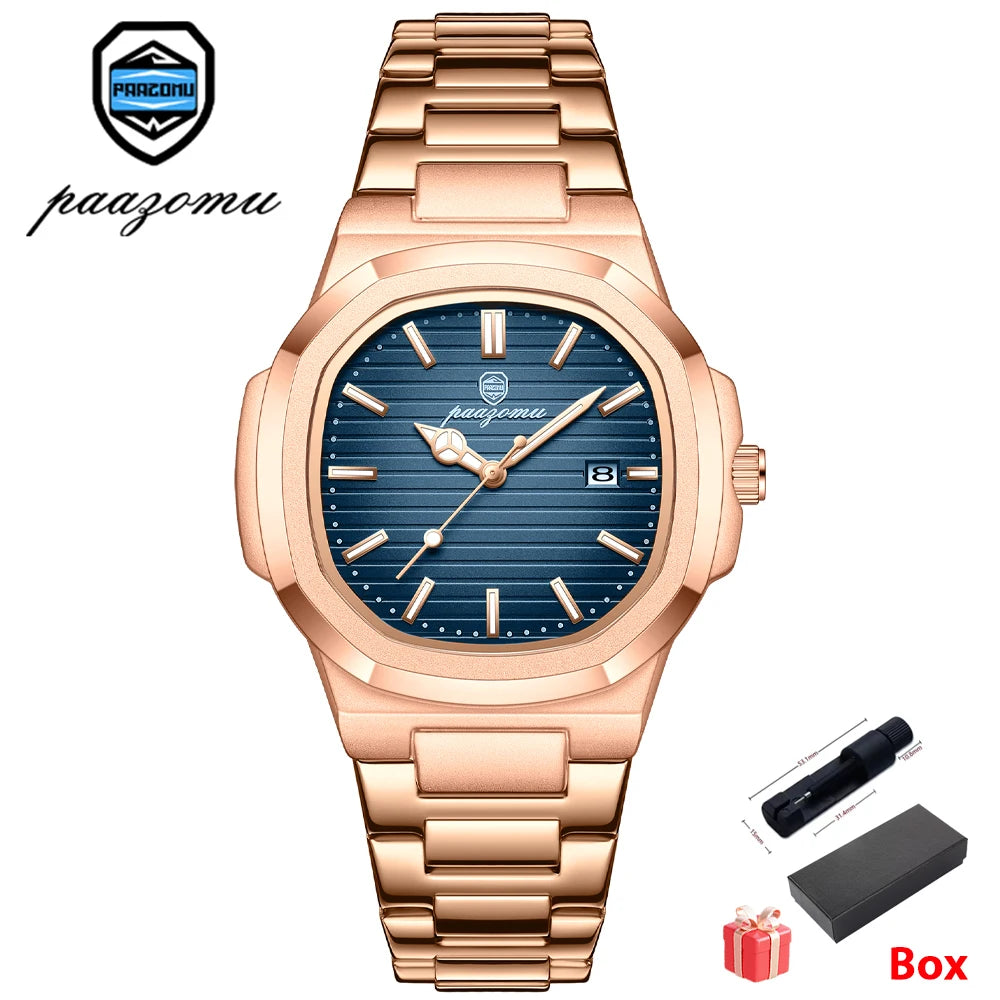PAAZOMU Men's Square Quartz Watch, Stainless Steel, Luminous, Date