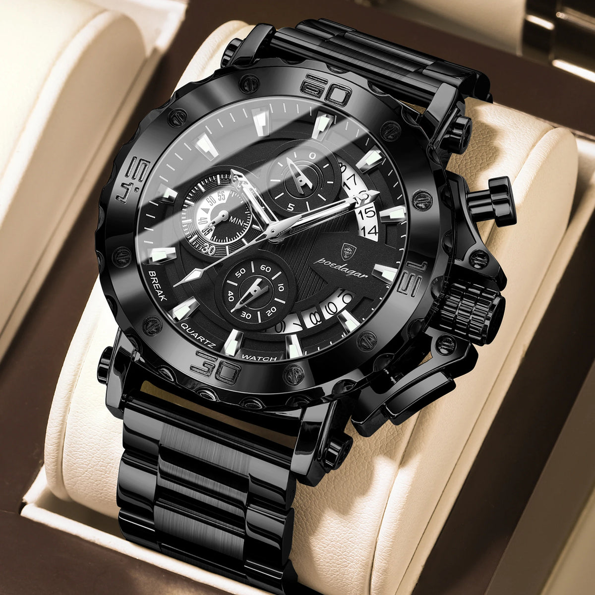 POEDAGAR Men's Chronograph Quartz Watch, Calendar, Stainless Steel