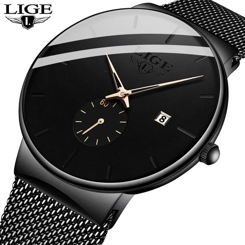 LIGE Men's Quartz Watch, Stainless Steel Mesh, Water Resistant