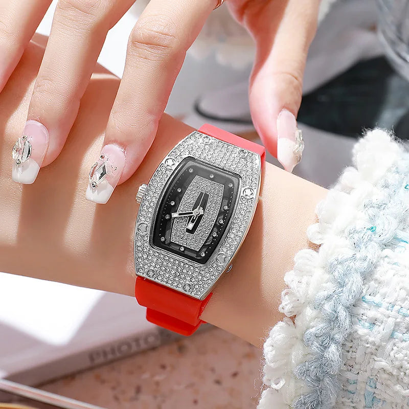 Women's Crystal Tonneau Quartz Watch, Silicone Strap