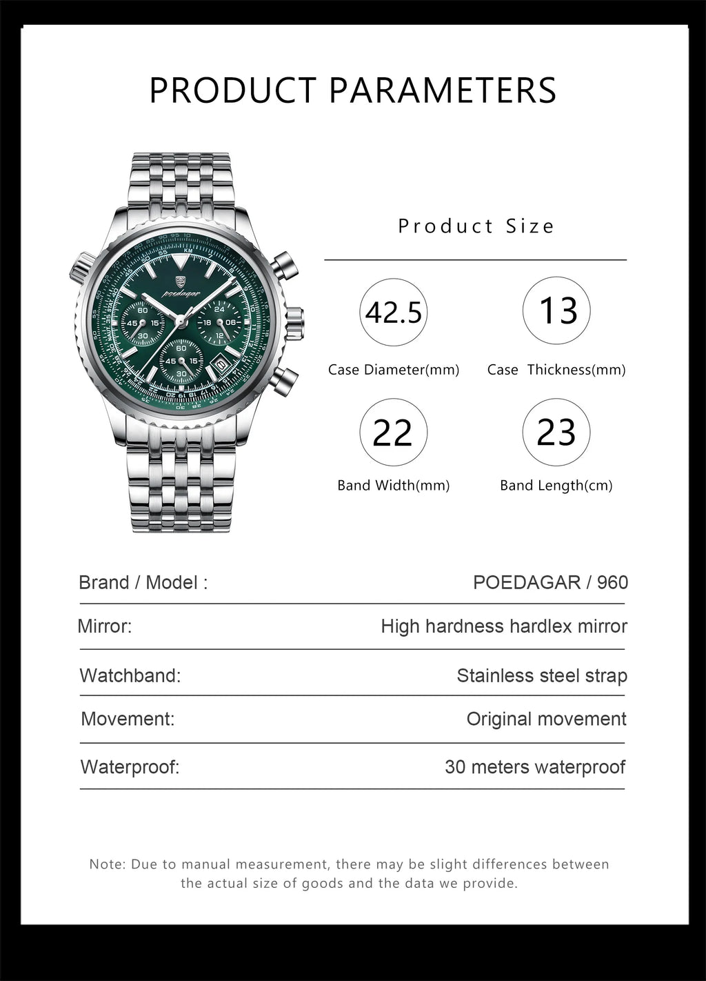 POEDAGAR Men's Chronograph Quartz Watch, Stainless Steel, Date, Luminous