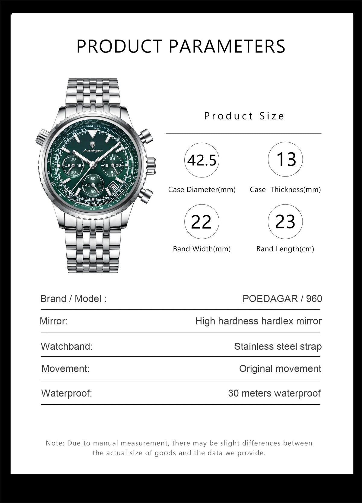 POEDAGAR Men's Chronograph Quartz Watch, Stainless Steel, Date, Luminous