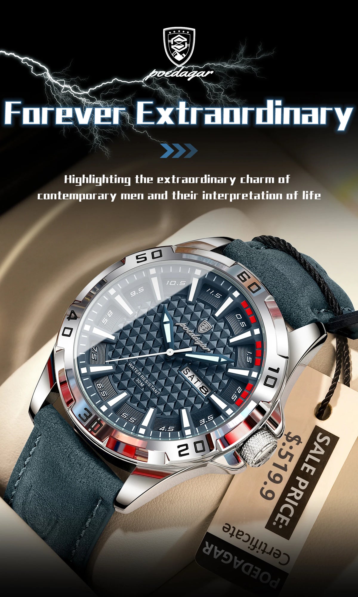 POEDAGAR Men's Quartz Watch, Leather Strap, Date and Day, Luminous