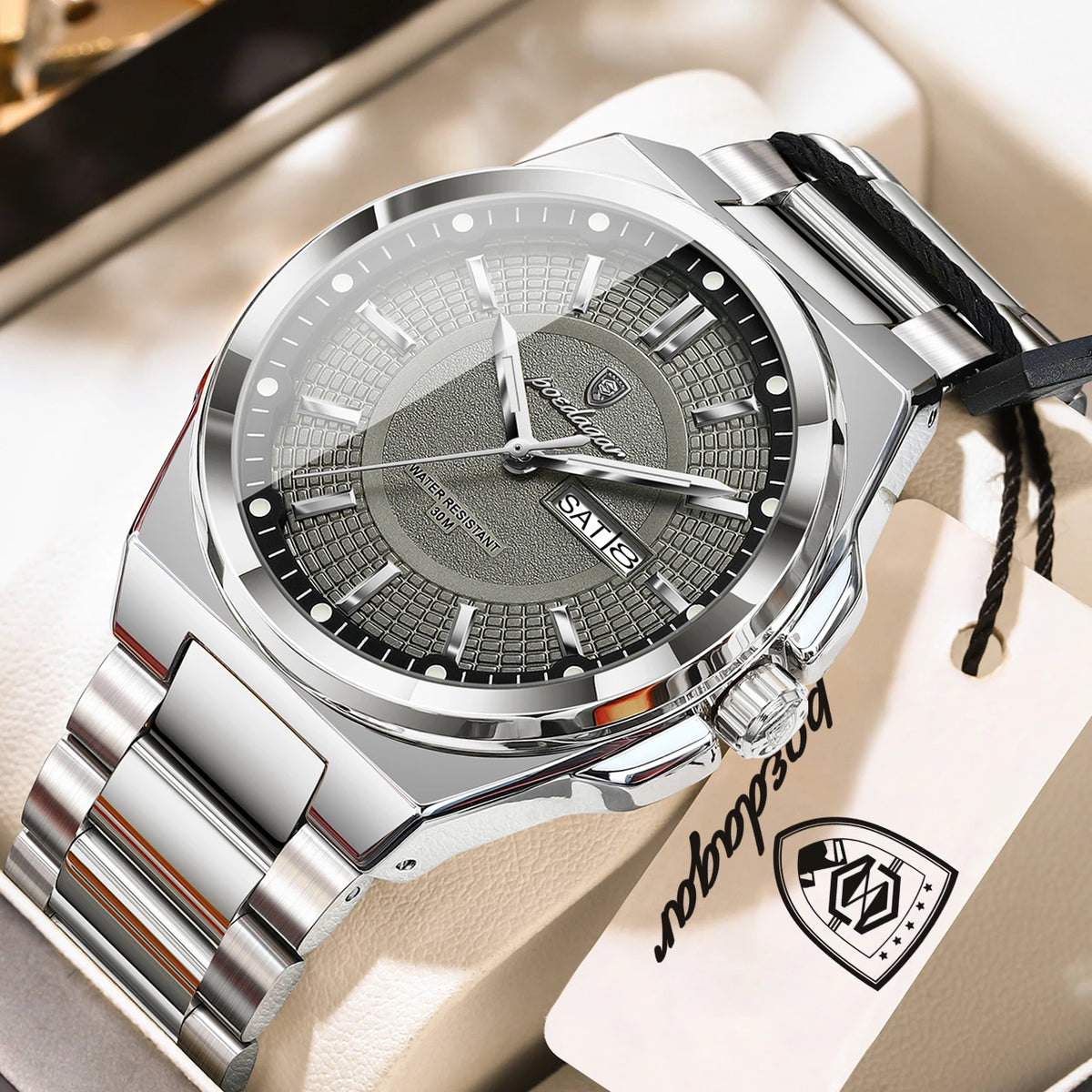 POEDAGAR Men's Business Quartz Watch, Stainless Steel, Date and Day