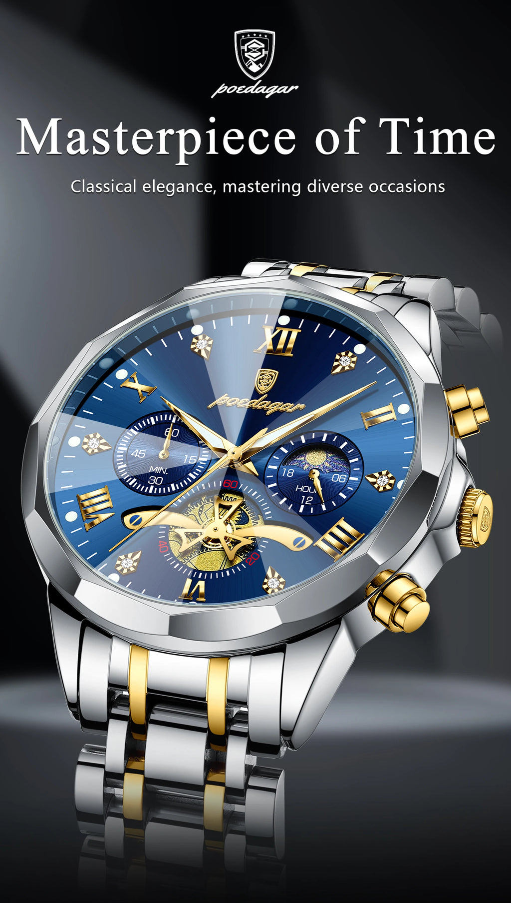 POEDAGAR Men's Chronograph Quartz Watch, Stainless Steel, Water Resistant