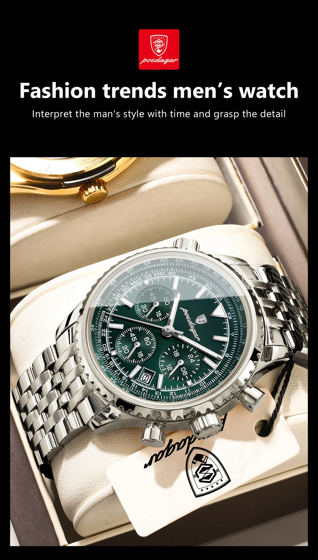 POEDAGAR Men's Chronograph Quartz Watch, Stainless Steel, Date, Luminous