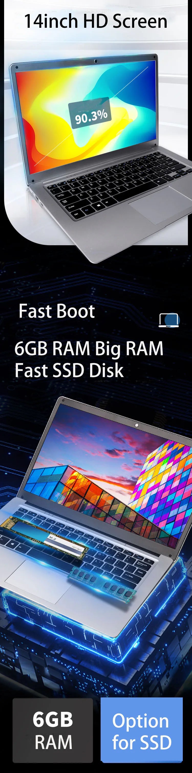 14" Windows 10 Laptop, 6GB RAM, 64GB SSD, HD Webcam and Wi-Fi
