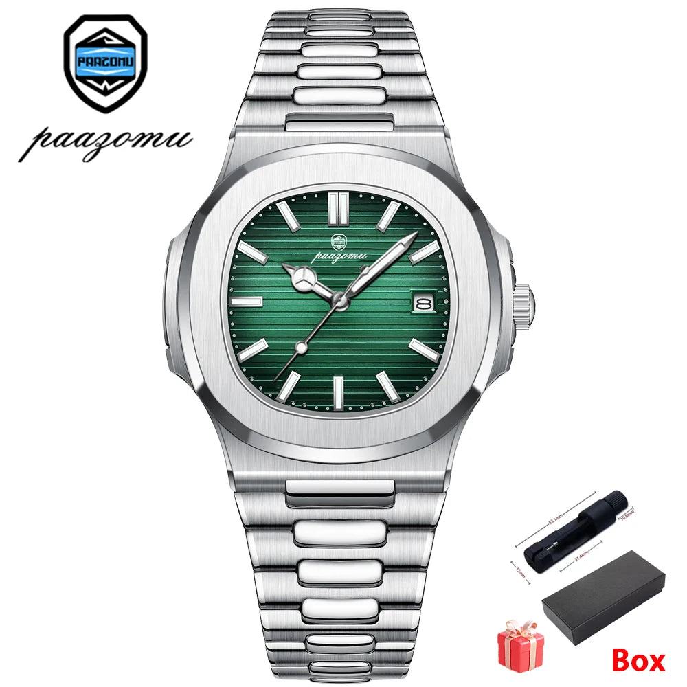 PAAZOMU Men's Square Quartz Watch, Stainless Steel, Luminous, Date