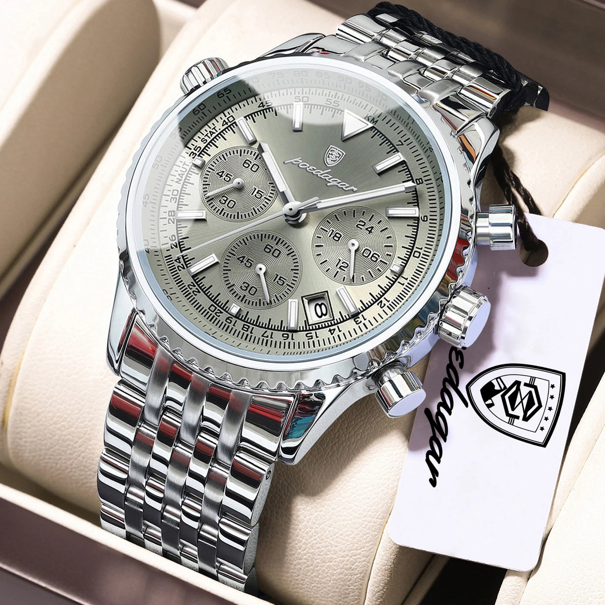 POEDAGAR Men's Chronograph Quartz Watch, Stainless Steel, Date, Luminous