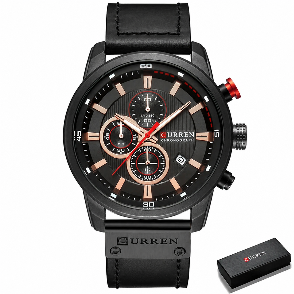 CURREN black chronograph watch with black leather strap and gift box